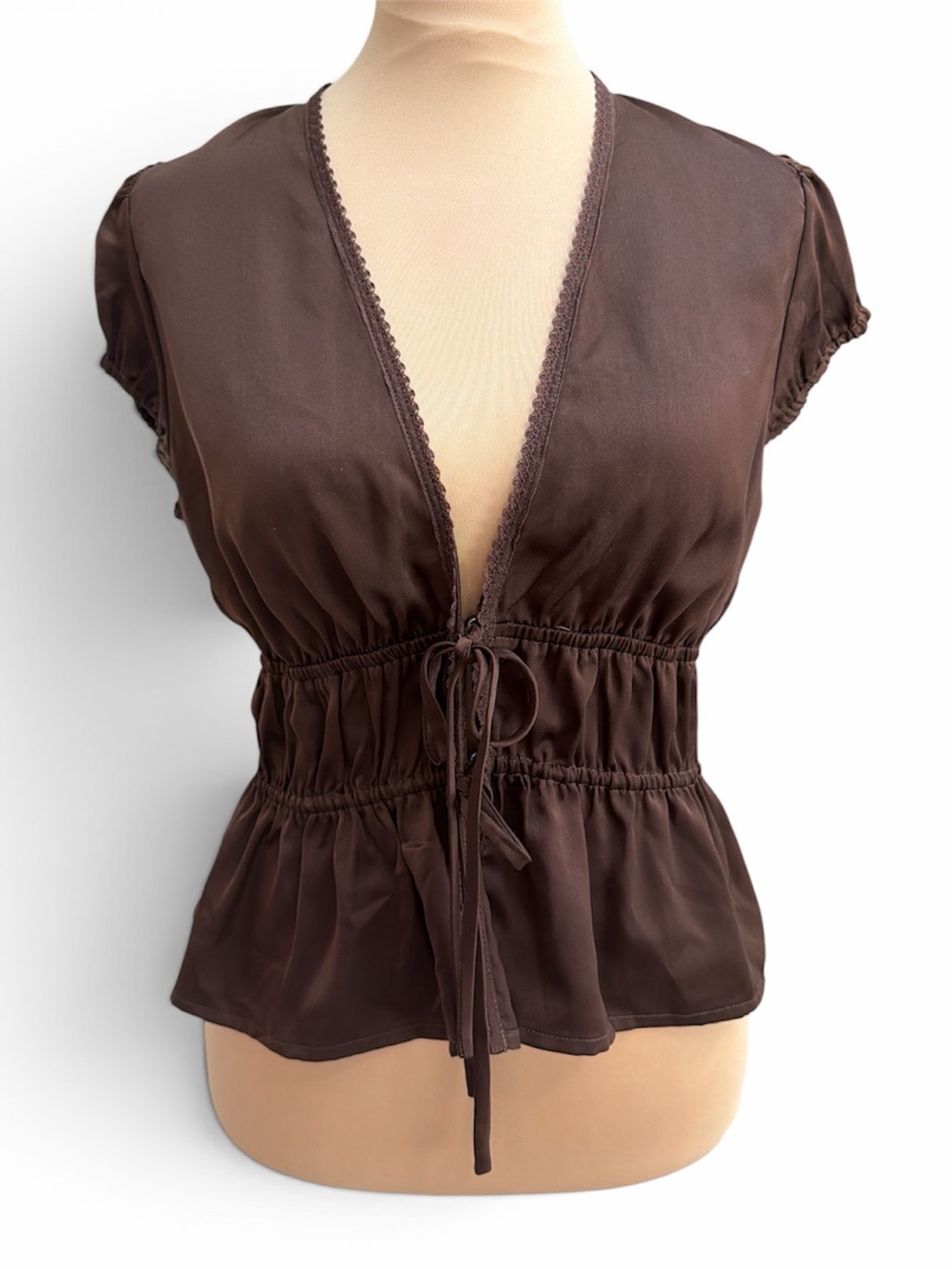 Wayf Chocolate Brown V-Neck Drawstring Waist Blouse